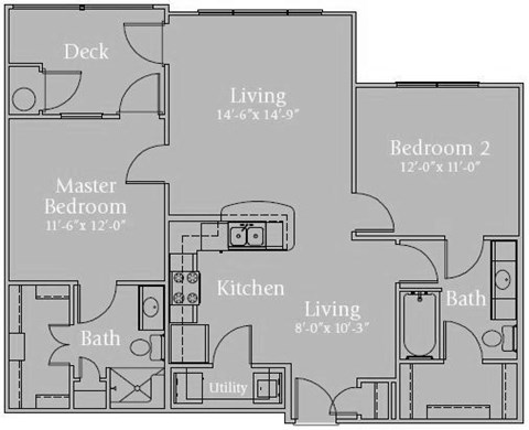 Floor plan for 2 beds, 2 baths, 998 sqft